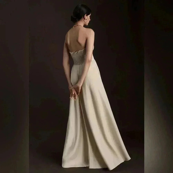 BHLDN Elsie Straight-Neck Satin A-Line Gown Khaki Nude Color Size 8 NWT - Picture 4 of 14